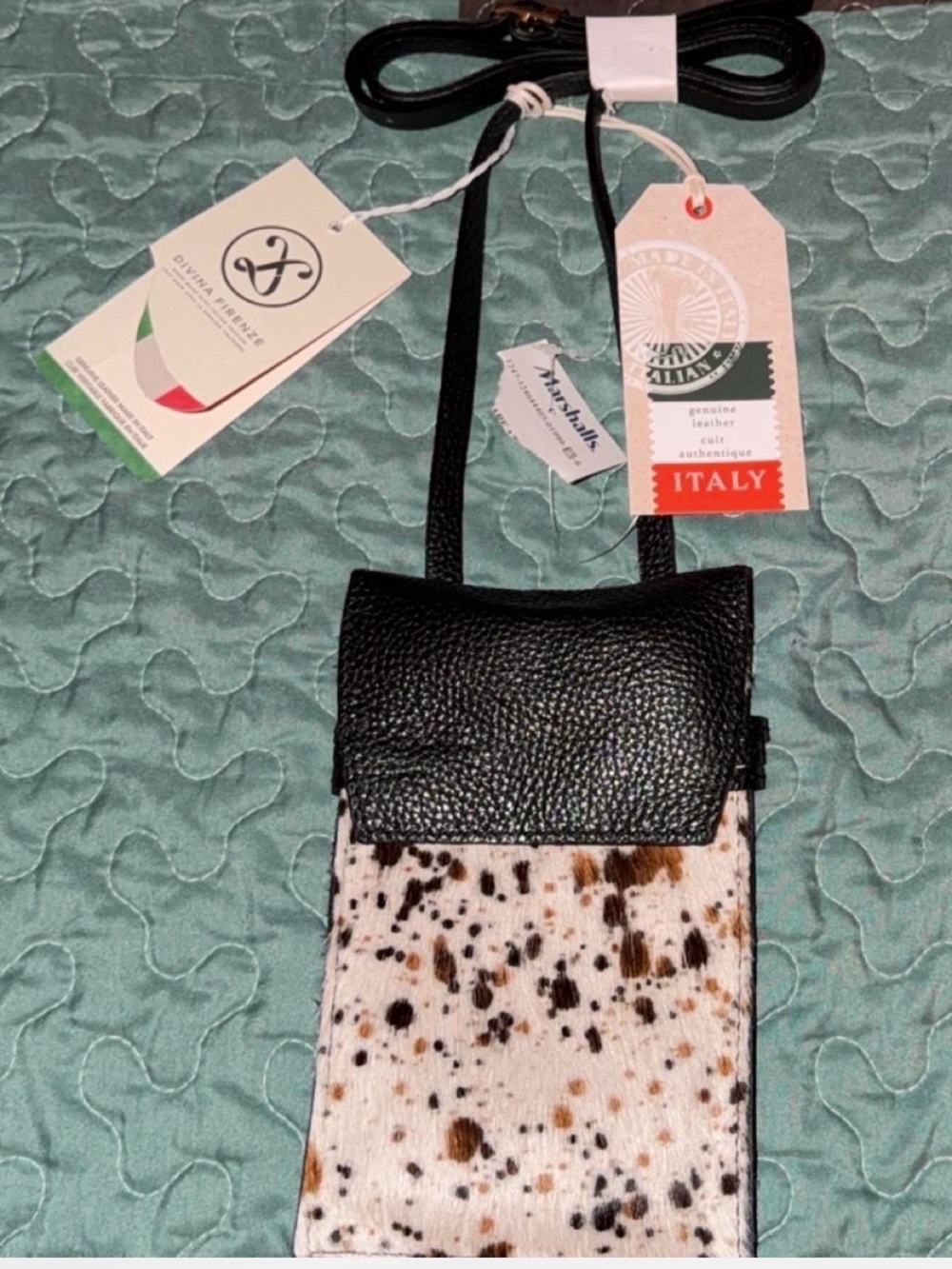Italian Genuine Leather Black & White Speckled Crossbody Phone Pouch